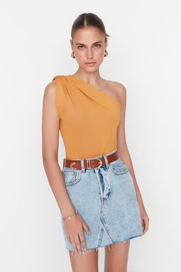 Hardal Asimetrik Yaka Esnek Alttan C?tc?tl? Esnek Orme Body TWOSS22BD00014