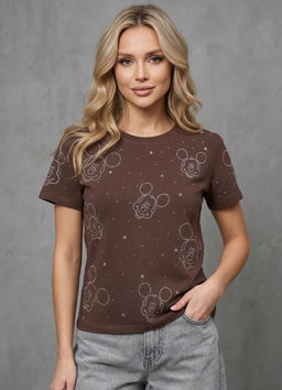 K13694 Футболка со стразами (хлопок) КОРИЧНЕВЫЙ