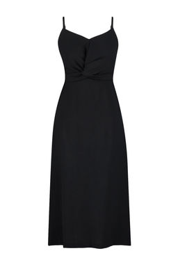 TRENDYOLMILLA Siyah A Kesim Ask?l? Gogus Detayl? Midi Dokuma Elbise TWOSS23EL02057