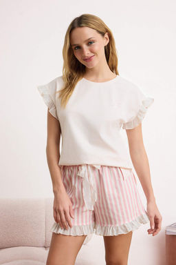 Pudra Pamuklu Cizgili F?rf?r Detayl? Likral? Yumusak Tuse Orme Pijama Tak?m? THMSS26PT00142