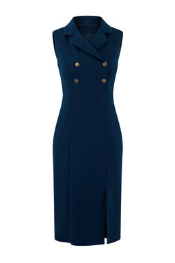 Petrol Vucudu Saran Ceket Yaka Midi Dokuma Elbise TWOSS23EL02256