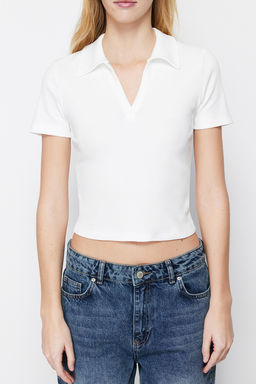 Trendyolmilla Siyah Fitted/Vucuda Oturan Crop Polo Yaka Fitilli Esnek Orme Bluz TWOSS21BZ0038  фото 42