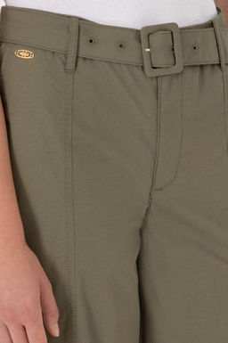 Kad_n Koyu Haki Flare Cropped Fit Kanvas Pantolon