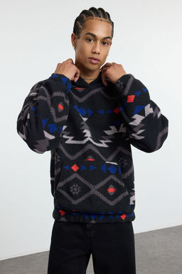 TRENDYOL MAN Siyah Un?sex Oversize/Genis Kesim Desenli Serpa Polar/Pelus Kapusonlu Sweatshirt TMNAW25SW00147 - Trendyolmilla фото 2