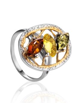 Яркое нарядное кольцо Тропиканка из серебра с позолотой и натурального янтаря