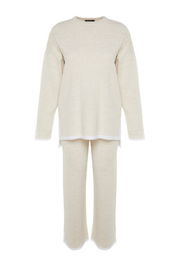 Bej Genis Kal?p Kontrast Renkli Triko Alt-Ust Tak?m TWOAW24AU00062