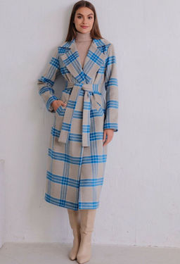 8395 Удлинённое пальто Hilton серо-голубое в клетку