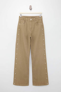 Camel Inci Detayl? Y?kama Efektli Yuksek Bel %100 Pamuk Wide Leg Jeans TWOSS26JE00055