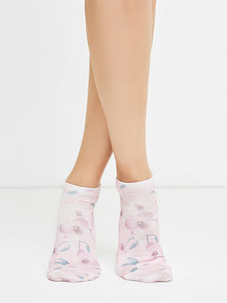 Цена за 5 пар! Женские укороченные носки белого цвета с изображением орхидей