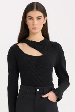 Slim Fit Dar Kesim Yar?m Bal?kc? Yaka Basic Duz Fitilli Kaskorse Uzun Kollu Tisort
