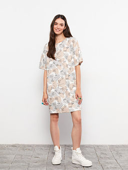 Bisiklet Yaka Desenli K?sa Kollu Elbise
