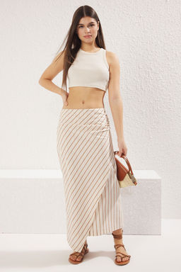 Bej Keten Gorunumlu Kumas Cizgili Buzgu Detayl? Midi Boy Dokuma Etek TWOSS25ET00051