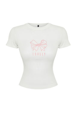 Ekru Kurdele Bask?l? Fitted/Vucuda Oturan Fitilli Esnek Orme T-Shirt TWOSS24TS00231