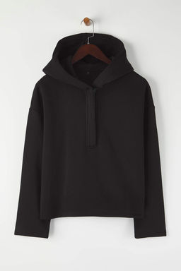 Siyah Kal?n Ici Polarl? Yar?m Pat Fermuarl? Oversize Kapusonlu Orme Sweatshirt TWOAW26SW00092 - Trendyolmilla фото 5