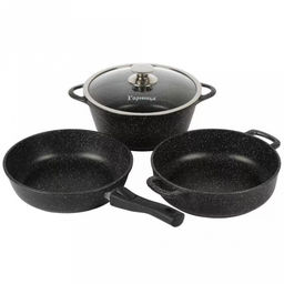 Набор посуды с антипригарным покрытием "Гранит" 4 предмета: сковорода со съемной ручкой д26см, h6,9см, жаровня д26см, h7,5см, кастрюля 4л, д26см, h11см, стеклянная крышка д26см (Россия) Подходит для всех видов плит, включая индукционную.