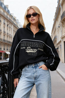 TRENDYOLMILLA Zumrut Yesili Fermuarl? Bask?l? Oversize Kal?n Ici Polarl? Orme Sweatshirt TWOAW24SW00184 фото 9