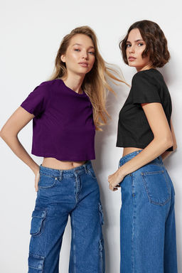 Mor-Antrasit 2li Paket %100 Pamuk Crop Bisiklet Yaka Orme T-Shirt TWOSS20TS1480