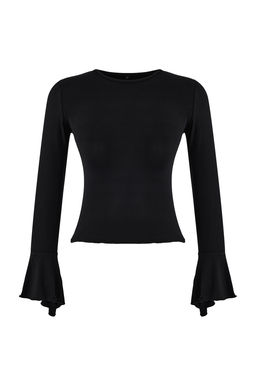 Siyah Fitted/Vucuda Oturan Uzun Kollu Volanl?/F?rf?rl? Yumusak Orme Bluz TWOSS26BZ00152