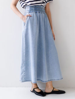 Юбка миди А-силуэта с поясом на резинке из облегченного денима