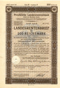 Облигация 4,5% 200 рейхсмарок 1937 года Германия