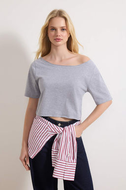 Lacivert-Gri Melanj 2li Paket %100 Pamuk Asimetrik Kay?k Yaka Crop Orme T-Shirt TWOSS25TS00194