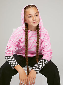 Kap??onlu Bask?l? Uzun Kollu K?z ?ocuk Sweatshirt