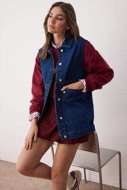 Koyu Mavi Gomlek Yaka Cep Detayl? %100 Pamuk Denim Yelek Ceket TCTAW22CK0006