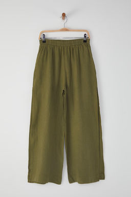 Haki Dokuma Y?rtmacl? %100 Keten Maxi Plaj Yuksek Bel Pantolon TBESS25PL00004