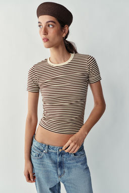 CAMISETA MINIMAL MANGA CORTA / Rayas marrones - Zara фото 2