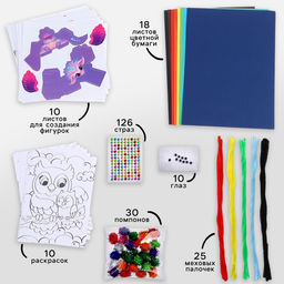 Большой набор для творчества детский «Весёлые зверята»: аппликации, раскраски, поделки