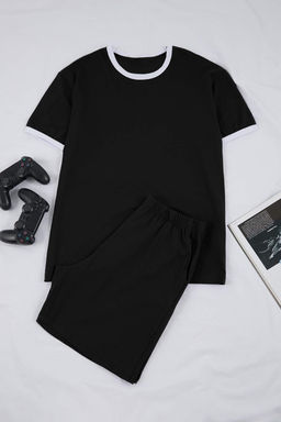 Siyah Regular Fit Yaka Ve Kol Kontrast Detayl? Pamuklu Pijama Tak?m? TMNSS26PT00016