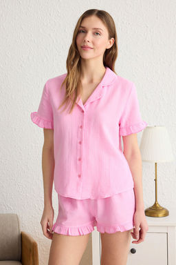 Trendyolmilla Yesil %100 Pamuklu F?rf?rl? Muslin Sortlu Dokuma Pijama Tak?m? THMSS25PT00034  фото 2