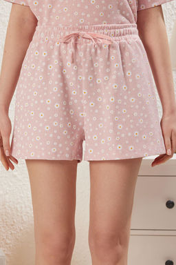 Trendyolmilla Pembe Papatya Desenli Waffle Kumas Sortlu Orme Pijama Tak?m? THMSS25PT00217