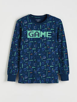 Bask?l? Bisiklet Yaka Erkek ?ocuk Pijama Tak?m?