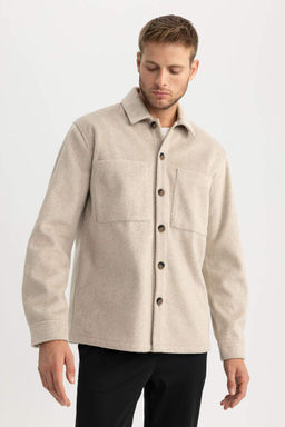 Шерстяная куртка-рубашка с длинными рукавами и воротником-поло Relax Fit - Defacto фото 4