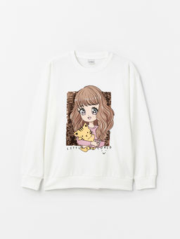 Bisiklet Yaka Bask?l? ?ift Y?nl? Payetli Uzun Kollu K?z ?ocuk Sweatshirt