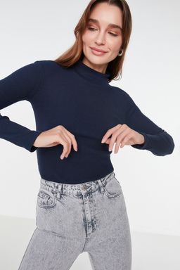 Lacivert Fitted/Vucuda Oturan Dik Yaka Uzun Kol Fitilli Esnek Orme Bluz TWOAW21BZ0423