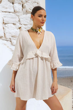 TRENDYOLMILLA Bej Mini Dokuma F?rf?rl? Plaj Elbisesi TBESS25EL00091