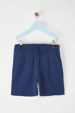 Lacivert Erkek Cocuk %100 Pamuk Basic Beli Lastikli Muslin Dokuma Sort & Bermuda TKDSS25SR00032