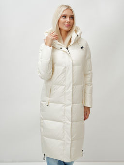 Пальто утепленное стеганное зимнее с капюшоном женское бежевого цвета 9608B