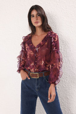 Murdum Sifon Transparan Cicekli F?rf?rl? Dokuma Gomlek TWOSS25GO00063