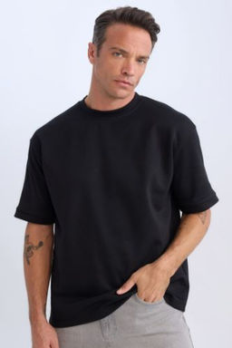 Oversize Genis Kal?p Bisiklet Yaka Ag?r Kumas Basic Duz K?sa Kollu Tisort