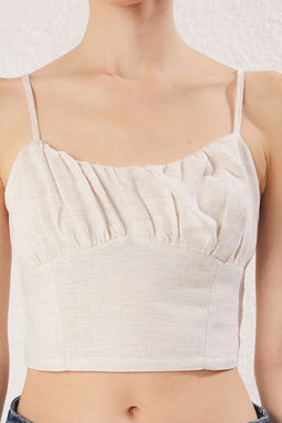 Bej Keten Icerikli Ince Ask?l? Crop Buzgulu Dokuma Bluz TWOSS25BZ00248 - Trendyolmilla фото 2