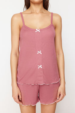 Trendyolmilla Ac?k Pembe Kurdele/Fiyonk Detayl? Ip Ask?l? Fitilli Sortlu Orme Pijama Tak?m? THMSS24PT00356  фото 4