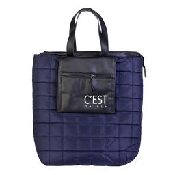 Сумка-шоппер "C'est La Vie" 33x40x10 см, высококачественная стеганная плащевка и искусственная кожа до -40C, подклад, отделение на молнии, передний карман на молнии, внутренние карманы, Vantablack