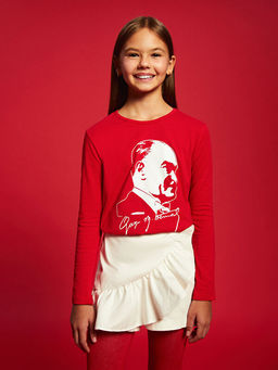 Bisiklet Yaka Atat?rk Bask?l? K?z ?ocuk Ti??rt - Waikiki фото 4