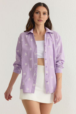 TRENDYOLMILLA Mavi Cizgili Cicek Desenli Pamuklu Oversize Genis Kal?pl Dokuma Gomlek TWOSS23GO00373  фото 15