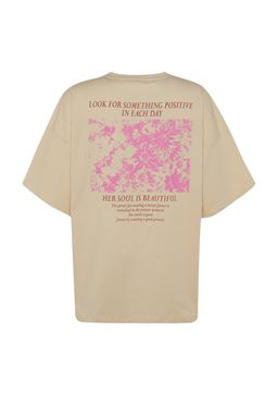 Premium Tas %100 Kal?n Pamuklu On ve Arka Bask?l? Oversize/Genis Kal?p Orme T-Shirt TWOSS23TS00269