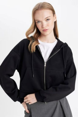 Coool Standart Fit Kapusonlu Basic Duz Kanguru Cepli Fermuarl? Siyah Sweatshirt