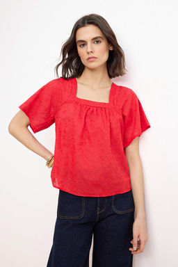 K?rm?z? Brode Kare Yaka Dokuma Bluz TWOSS26BZ00544 - Trendyolmilla фото 2